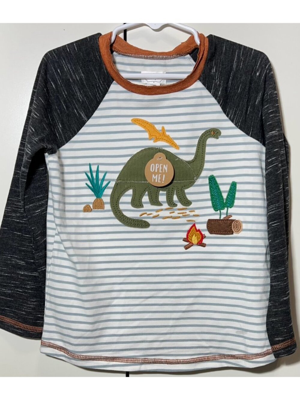Mud Pie 4T 5T NWT Shirt Dinosaur Dino camping embroidery applique stripes